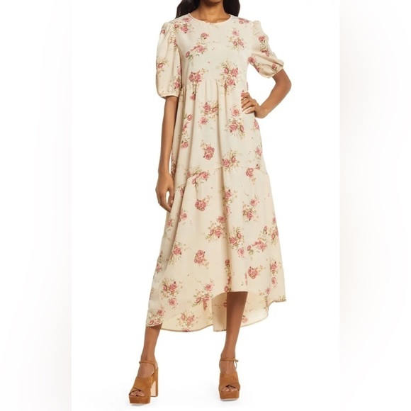 NWT En Saison Natural Color Floral Print Midi Dress Size Small - Picture 1 of 9